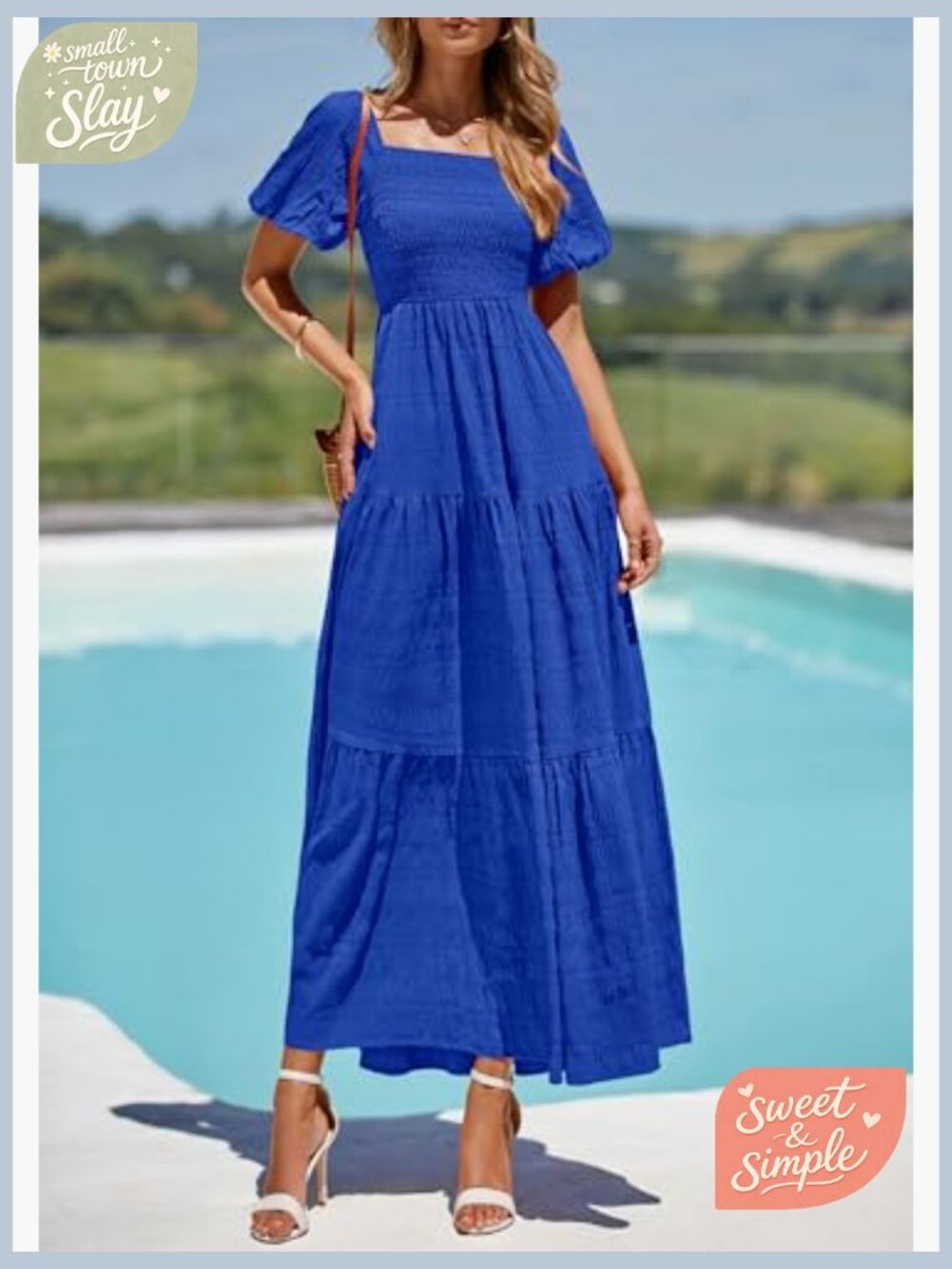 Puff Sleeve Maxi Dress Smocked Tiered Ruffle A-Line Summer Beach - Picture 4 of 7